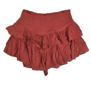 C'isa Smocked Waist Ruffle Mini Skirt Terracotta Rust Tiered‎ Boho Small